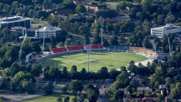 An aerial view of Manuka Oval.