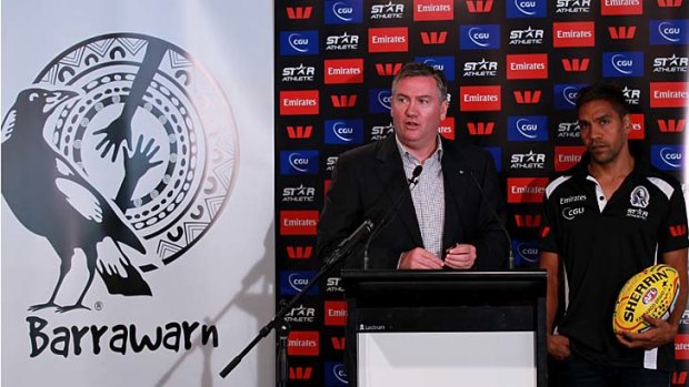 Collingwood president Eddie McGuire and player Andrew Krakouer announce the Barrawarn Project at the Westpac Centre.