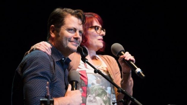Comedians Nick Offerman (L) and Megan Mullally perform during the "Summer of 69: No Apostrophe" Tour at The Wiltern on May 21, 2015 in Los Angeles, California. 