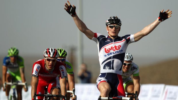 Jubilant ... German cyclist Andre Greipel of Lotto-Belisol wins the opening stage of Tour of Oman.
