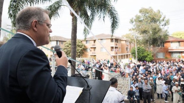 Federal Immigration Minister Sen  Scott Morrison speaks at Lakemba Mosque during Eid al-Adha.