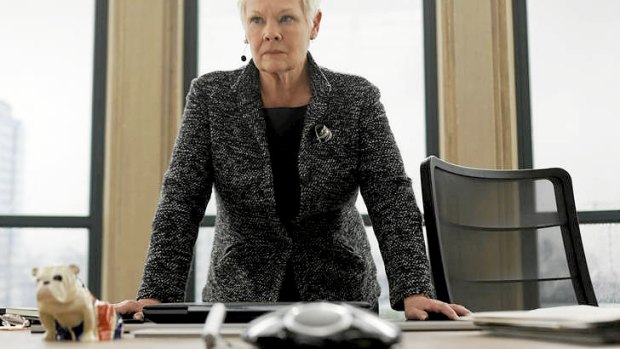 M (Dame Judi Dench) shares her desk with Jack the bulldog in Skyfall.