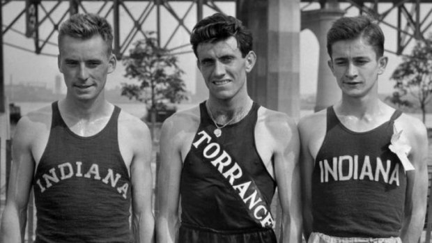 Louis Zamperini of Los Angeles, centre, at the 5000-metre Olympic tryouts in New York in 1936.