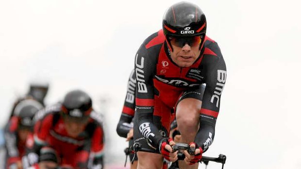 Playing catch-up: BMC's Cadel Evans during the team time trial of the Giro del Trentino in Lienz.
