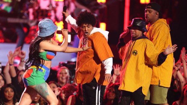Bruno Mars (left) and Cardi B perform "Finesse" at the 60th annual Grammy Awards at Madison Square Garden.