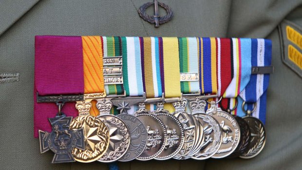 A close up of the Victoria Cross awarded to Corporal Benjamin Roberts-Smith after the battle at Shah Wali Kot in Afghanistan.
