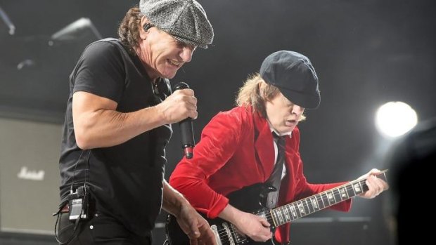 Brian Johnson (left) and Angus Young of AC/DC perform on stage during day one of Coachella.