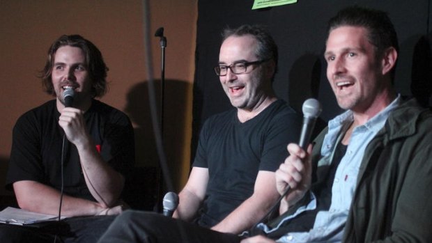 Steele Saunders (left) on his <i>I Love Green Guide Letters</i> podcast with fellow comedians Justin Hamilton and Wil Anderson.