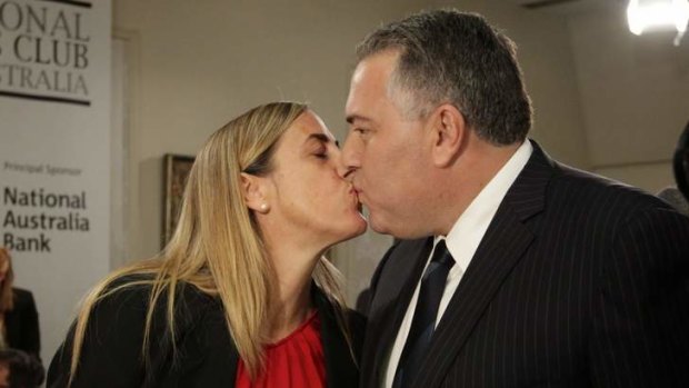 Shadow Treasurer Joe Hockey and his wife Melissa Babbage kiss, after he delivered his post Budget address at the National Press Club of Australia in Canberra on Wednesday 16 May 2012. Photo: Alex Ellinghausen