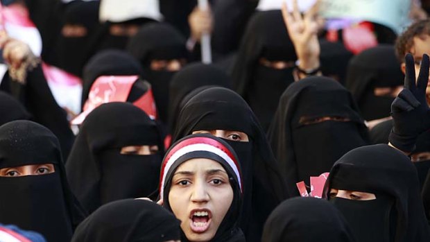 Women demonstrate against Yemen's president Ali Abdullah Saleh.