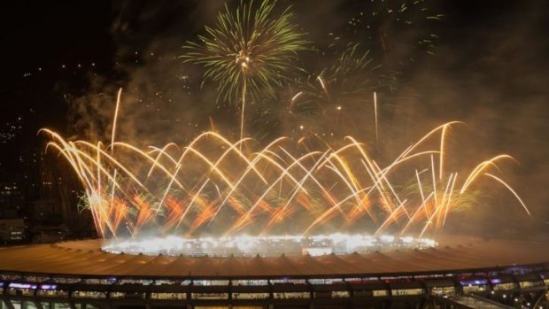 Fireworks go off at the Maracana Stadium after the World Cup final ended.