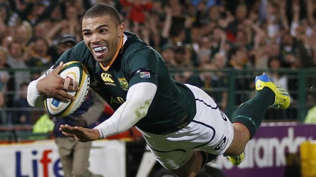 South Africa's Bryan Habana scores a try during their Rugby Championship Test match against the Wallabies.