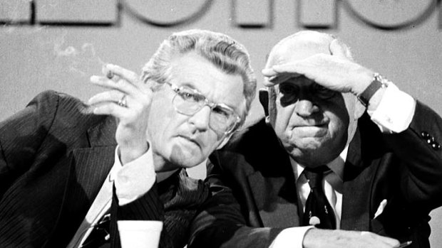 ACTU leader Bob Hawke and former Victorian premier Sir Henry Bolte in the Melbourne tally room during the Victorian state election in 1982.