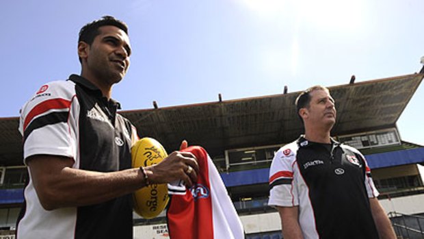Andrew Lovett is welcomed at Moorabbin last year by St Kilda coach Ross Lyon. But will he ever play for the Saints?
