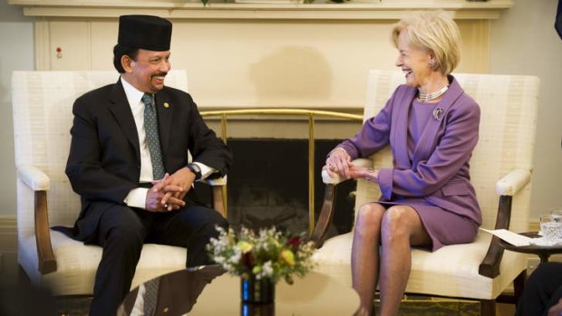 The Sultan of Brunei, Hassanal Bolkiah with the Governor General, Quentin Bryce, at Government House this morning.