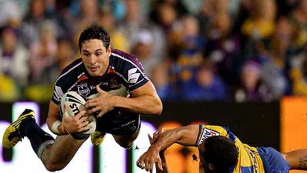 Fallout continues ... a Jarryd Hayne tackle sends Storm fullback Billy Slater towards the ground on Friday night