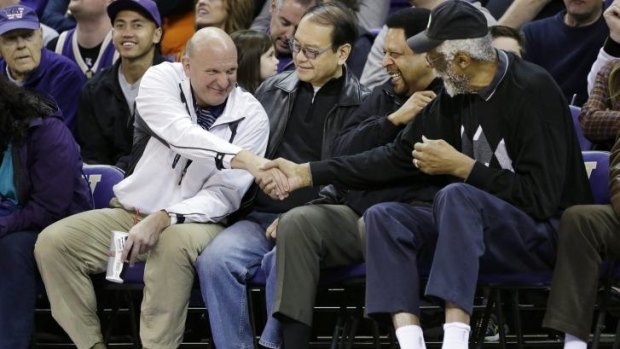 Meeting time: Steve Ballmer, left, pressing the flesh with former NBA players earlier this year.