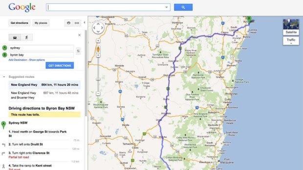 Google's strange route from Sydney to Byron Bay.