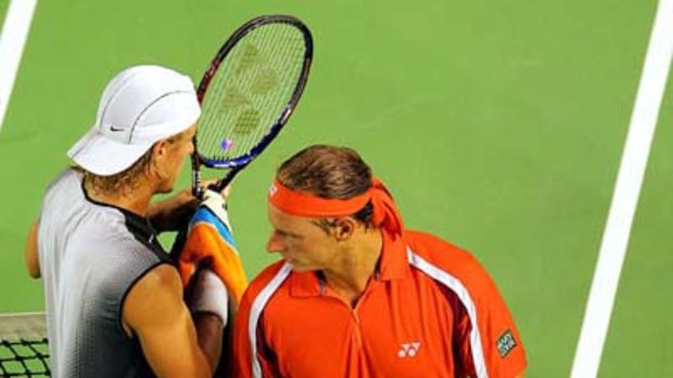 Lleyton Hewitt and David Nalbandian appear to walk into each other during their quarter-final at the Australian Open in 2005.