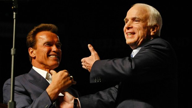 Republican presidential nominee John McCain is introduced by Calfornia Governor Arnold Schwarzenegger at a rally.