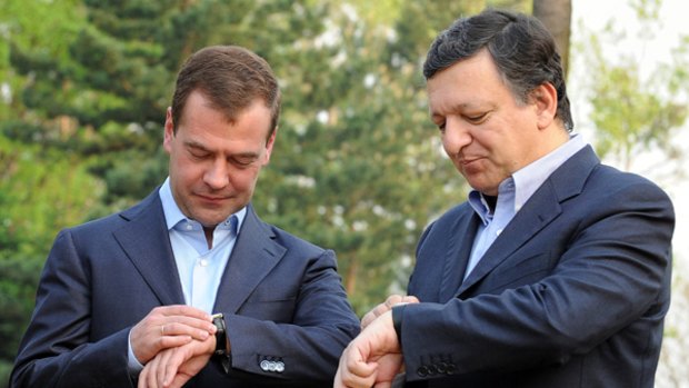 Time out ... relations remain frosty between Russia's Dmitry Medvedez, left, and the EU's Jose Manual Barroso.