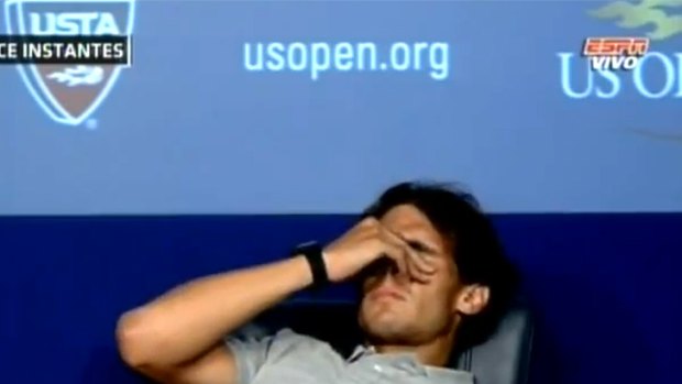 There he goes ... Rafael Nadal slides off his chair at the US Open press conference.