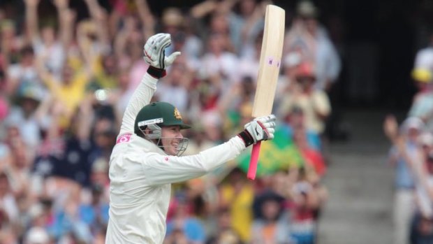 Michael Clarke celebrates as he reaches his first Test double century.