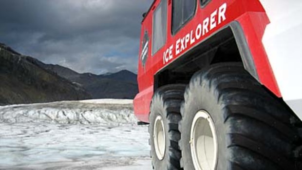 Big wheels ... a Brewster Ice Explorer on the Athabasca Glacier.