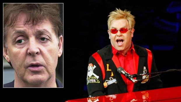 Sir Elton John performs in Las Vegas and, inset, Sir Paul McCartney.