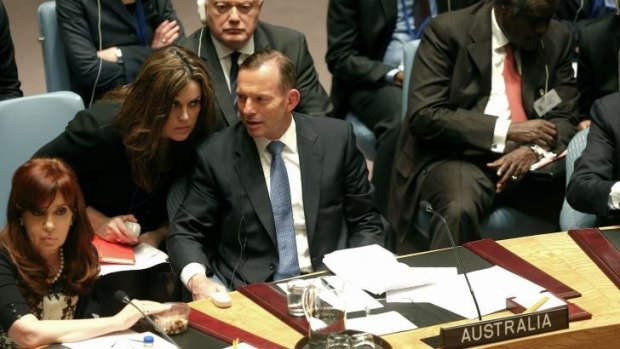 Confidant: Tony Abbott speaks with his chief of staff, Peta Credlin, at a UN Security Council meeting in New York last month.