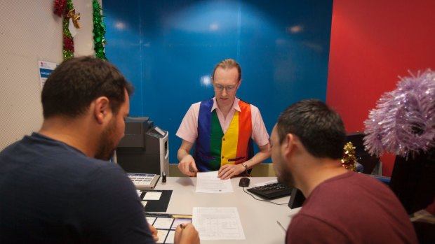 Daniel Barnett and Daniel Gray-Barnett register with the NSW Registry of Births Deaths and Marriages in Sydney on Saturday, December 9, 2017.