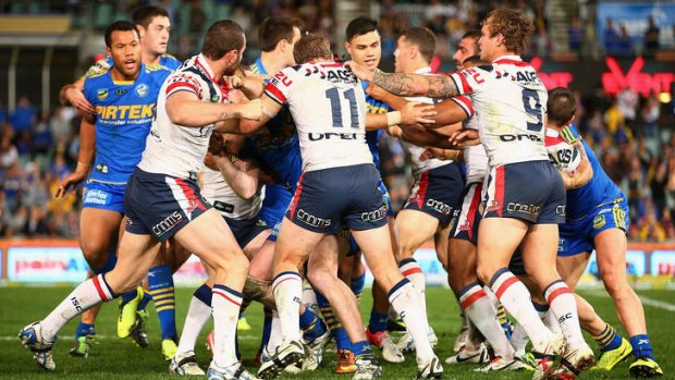 Contagious? The fight during the Roosters - Eels match game two days after State of Origin I.