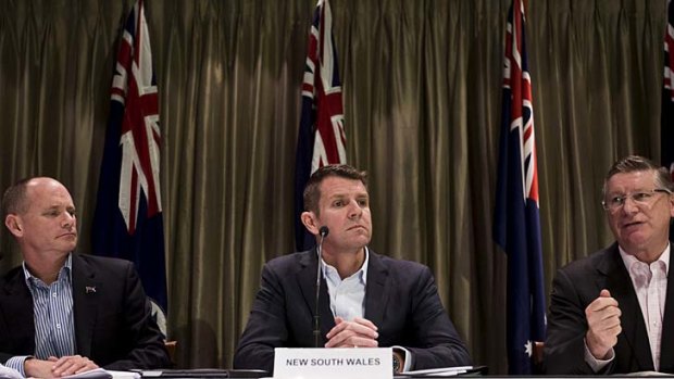 Not happy: Queensland Premier Campbell Newman, Mike Baird and Victoria's Denis Napthine at Sunday's talks.