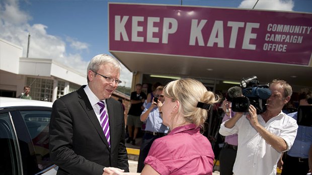 Former prime minister Kevin Rudd on the campaign trail in Ashgrove with Kate Jones.