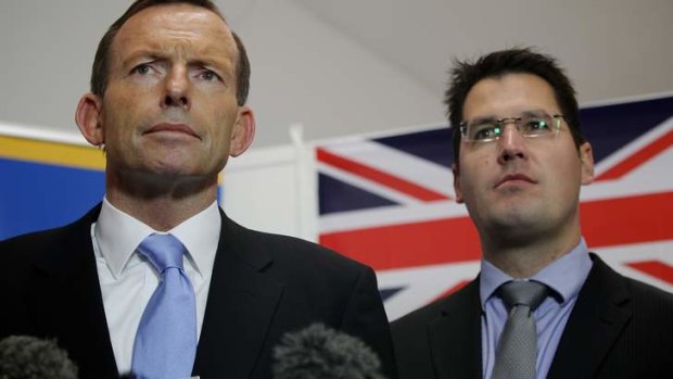 Opposition Leader Tony Abbott and ACT Senate candidate Zed Seselja during the Eden-Monaro campaign office opening in Queanbeyan in June.