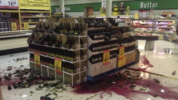 Bottles of wine lie smashed in a Christchurch supermarket.