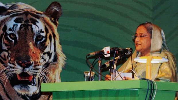 Bangladesh Prime Minister Sheikh Hasina talks during the second Stocktaking Conference under a Global Tiger Recovery Program (GTRP) in Dhaka.