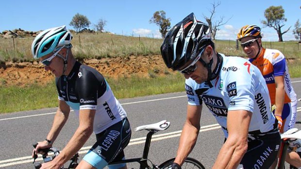 Stuart O'Grady (left) and the GreenEDGE team training in Canberra on Tuesday.
