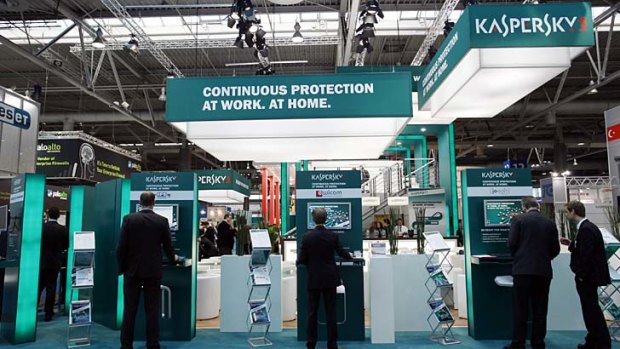 The Kaspersky Lab stand is pictured at the CeBIT technology fair in Hanover, Germany.