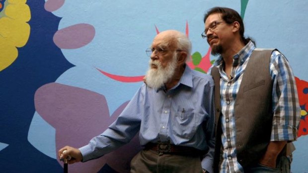 On film: US conjuror and charlaton-buster, James Randi, left, with filmmaker, Tyler Measom, who released  a documentary about Randi  in 2014 called An Honest Liar.