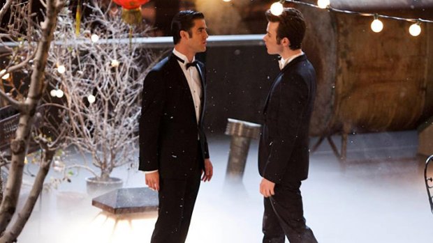 Gay classroom couple Kurt and Blaine in <i>Glee</i>.