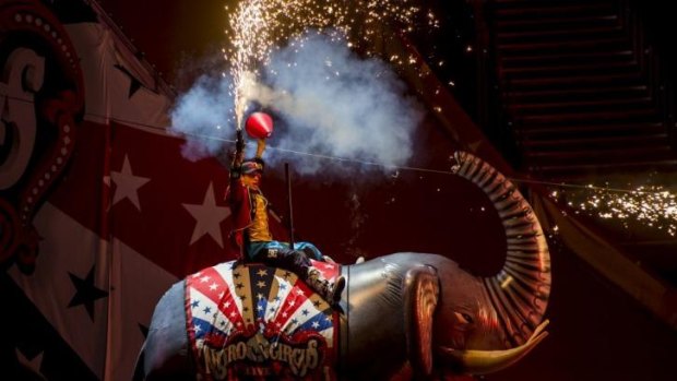 Nitro Circus stunt rider Travis Pastrana. This year's circus has a retro circus theme, hence the elephant. 