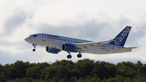 Bombardier's CSeries aircraft takes off for its first test flight in Mirabel, Quebec.