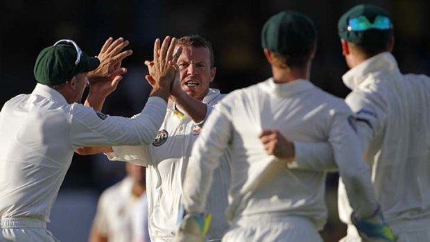 In the middle &#8230; Peter Siddle celebrates Darren Bravo's dismissal.