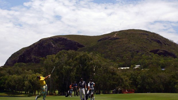 John Daly on the 13th fairway at Coolum yesterday, heading for a one-over-par 72 to add to rounds of 71, 70 and 72.