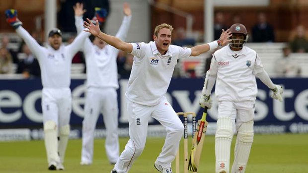 England paceman Stuart Broad appeals in vain for an lbw against West Indies batsman Shivnarine Chanderpaul.