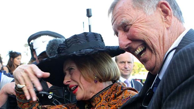 Trainer Gai Waterhouse and John Singleton celebrate the win of More Joyous in the Queen Elizabeth Stakes at Royal Randwick in April.