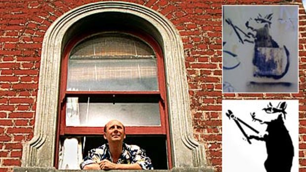 Underwear designer Mitch Dowd at his South Melbourne home and, inset, the stolen 'Banksy' (top) and another version thought to be done by the famous graffiti artist.