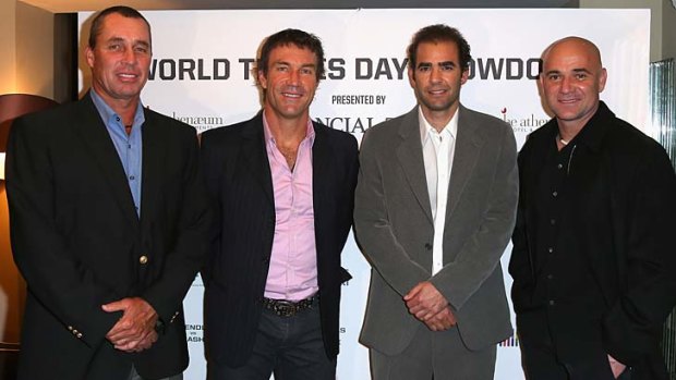 (L-R) Ivan Lendl, Pat Cash, Pete Sampras and Andre Agassi at the World Tennis Day Showdown, March 2, 2014.