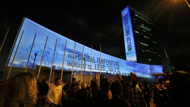 Messages in support of action to combat climate change are projected onto the side of the UN building in New York on September 20, ahead of the international summit on the issue that begins on Tuesday.